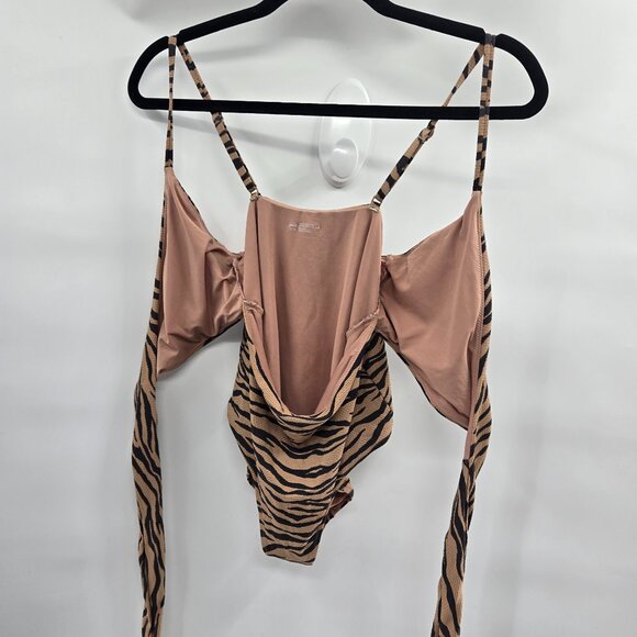 Aerie Brown Black Zebra Print One piece Front Cut-Out Swimsuit Medium - Picture 3 of 8